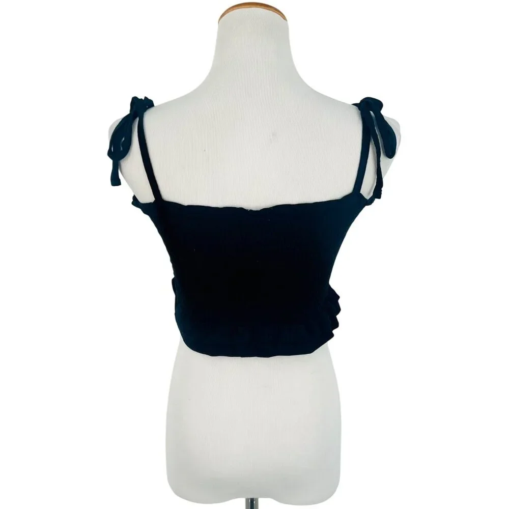 Garage Black Smocked Tie Straps & Ruffled Hem Crop Top - Picture 8 of 14